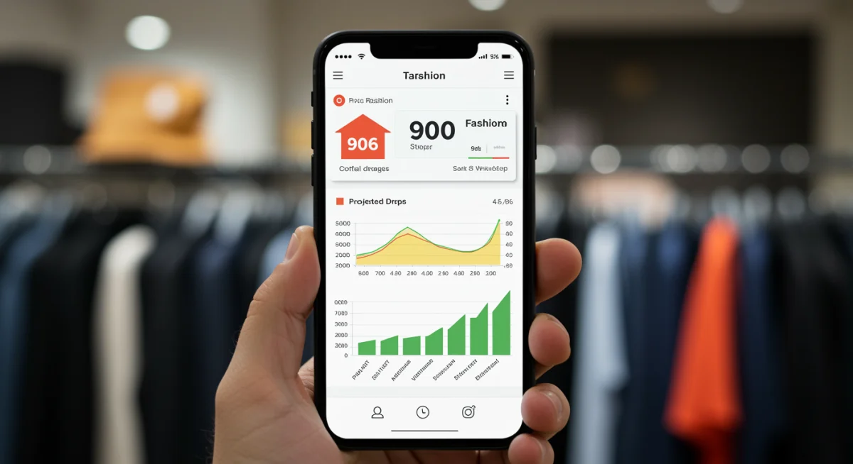 Smartphone displaying a fashion price tracking app with historical data and discount predictions.