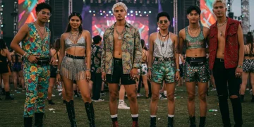 Festival-goers in diverse, trendsetting festival fashion outfits at a vibrant 2025 music event.