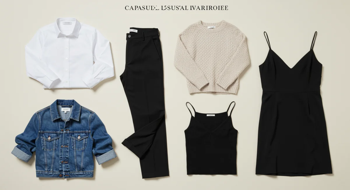Five essential capsule wardrobe pieces laid out