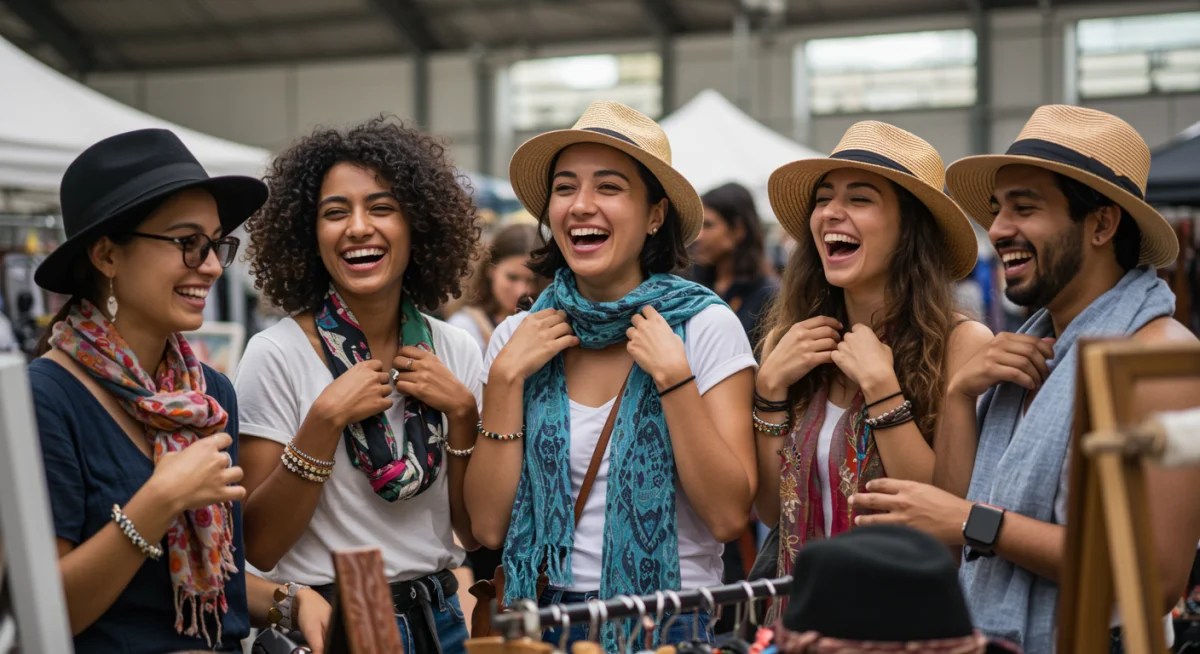 Friends enjoying trying on pre-loved accessories at a flea market