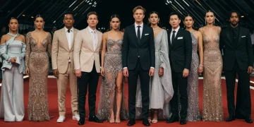 Celebrities in futuristic formal wear on a red carpet in 2025, showcasing innovative designs and sustainable materials.