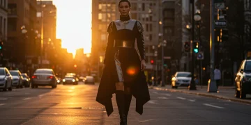Avant-garde fashionista in a metallic and asymmetrical outfit for 2025 style.
