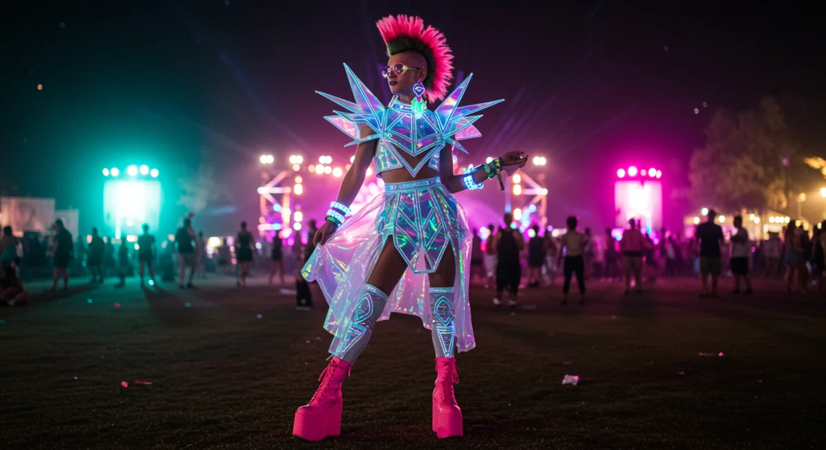 Futuristic festival outfit with iridescent fabrics and geometric designs at a night event.