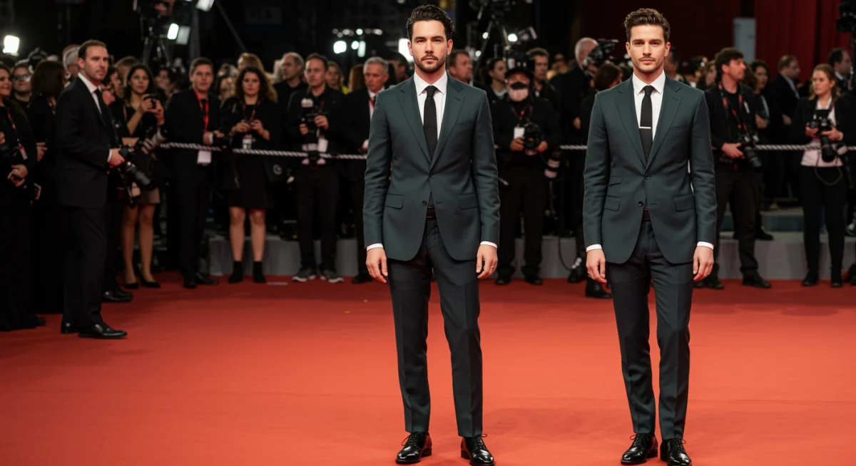 Celebrity in a gender-neutral formal suit on the red carpet, exemplifying fluid fashion trends.
