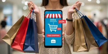 Happy shopper with bags and smartphone showing online cart savings
