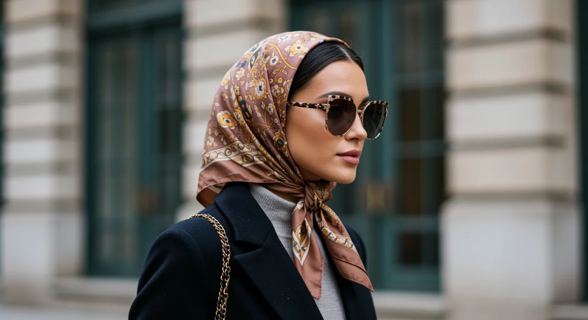 Person wearing an elegant silk headscarf and large sunglasses in a city.
