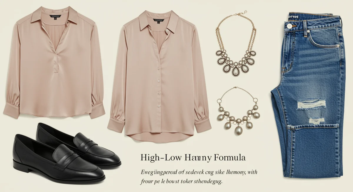 Capsule wardrobe pieces for high-low harmony: silk blouse, distressed jeans, loafers, necklace.