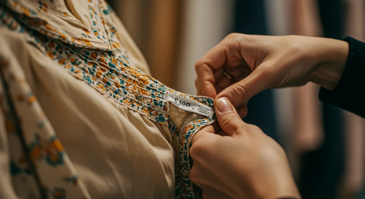 Hands inspecting fabric quality of a pre-loved garment