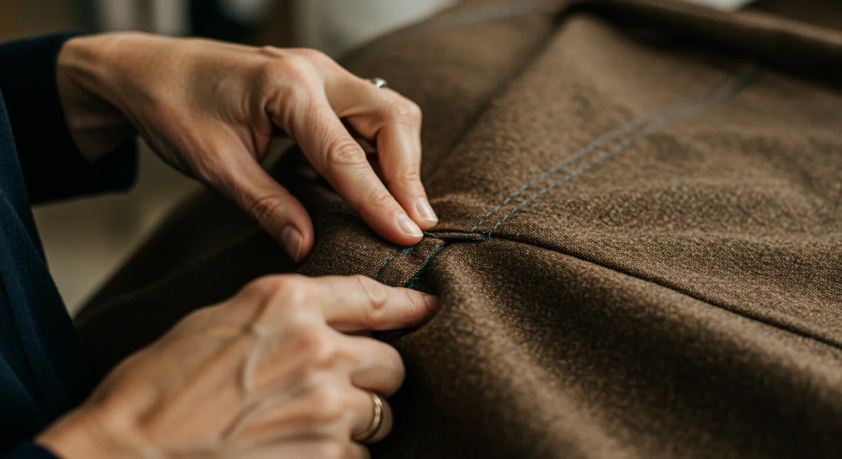 Close-up of hands inspecting fabric and stitching for garment quality