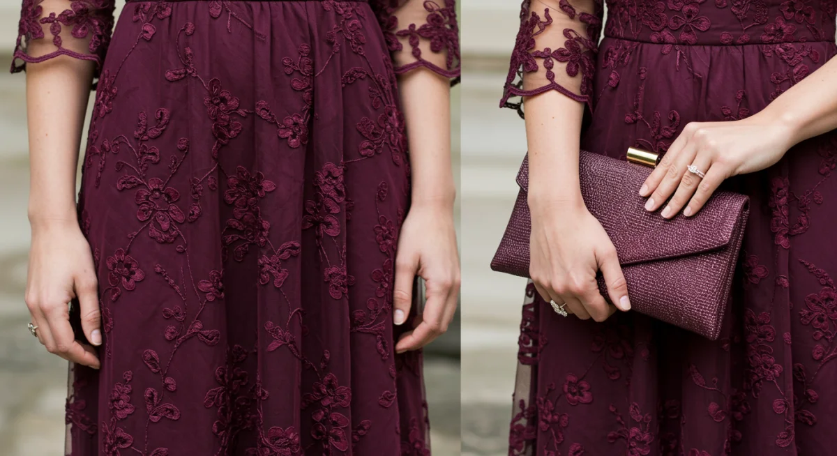 Jewel-toned midi dress, elegant embroidery, minimalist accessories for a wedding guest.