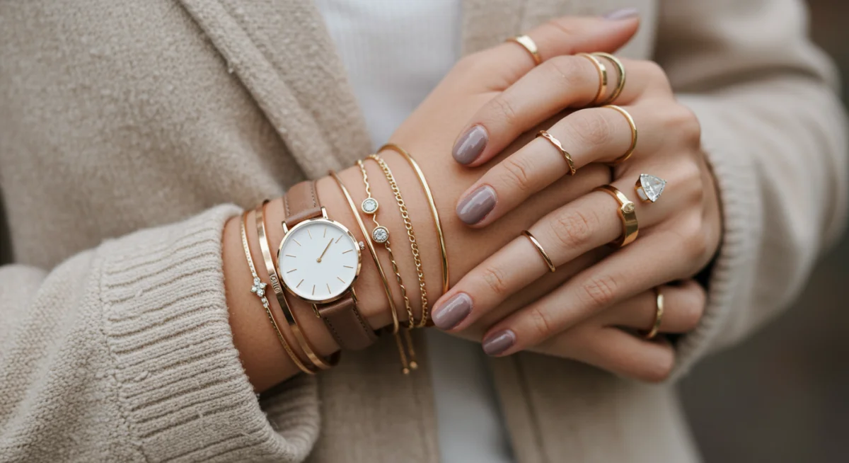 Layered jewelry on hands, rings and bracelets