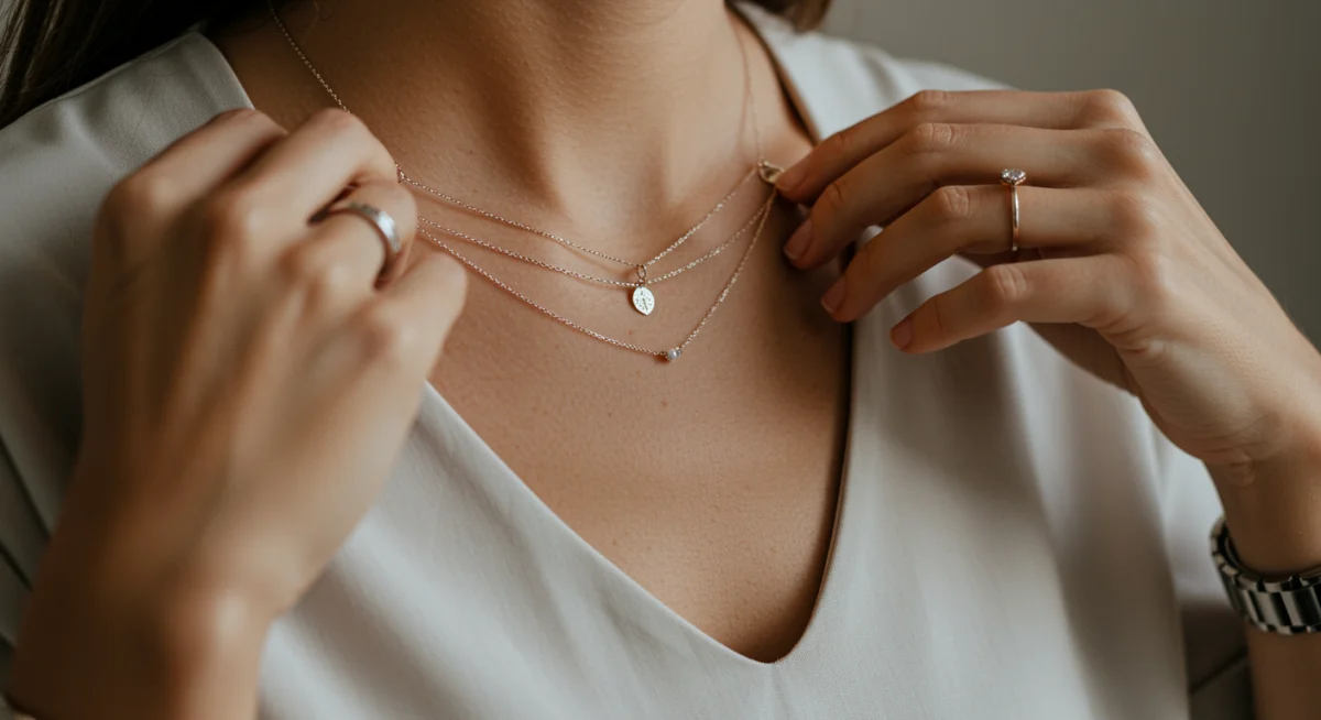 Close-up of hands adjusting layered necklace, demonstrating refined accessory styling