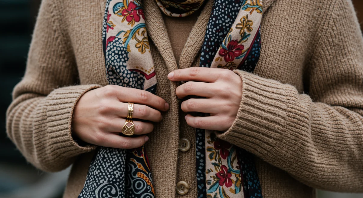 Hands layering diverse textures in an unexpected fashion combination.