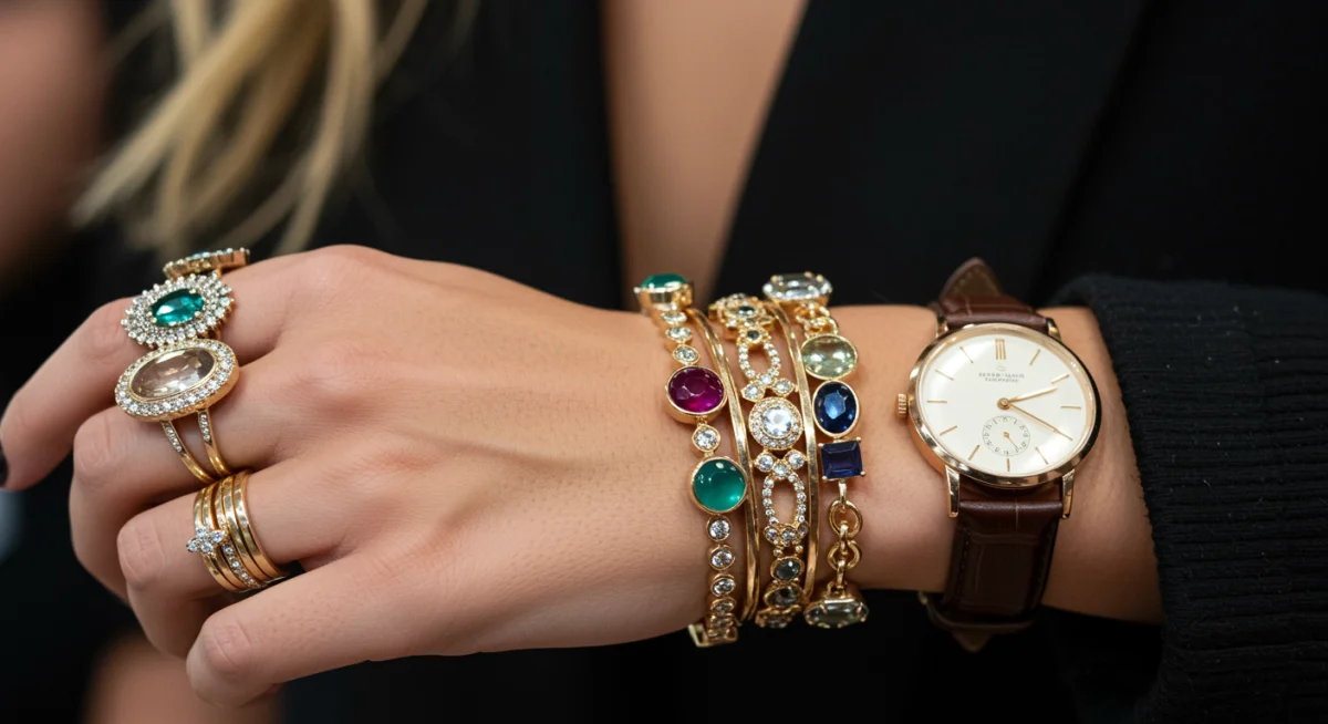 Model's hand displaying stacked rings and a vintage watch, embodying maximalist jewelry.