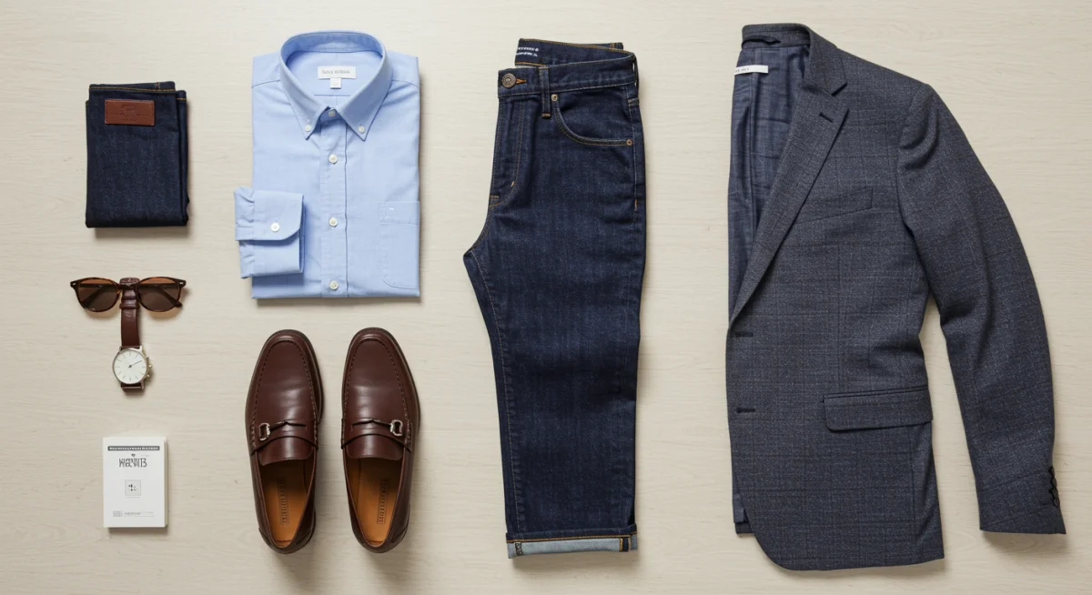 Men's smart casual flat lay with shirt, jeans, loafers