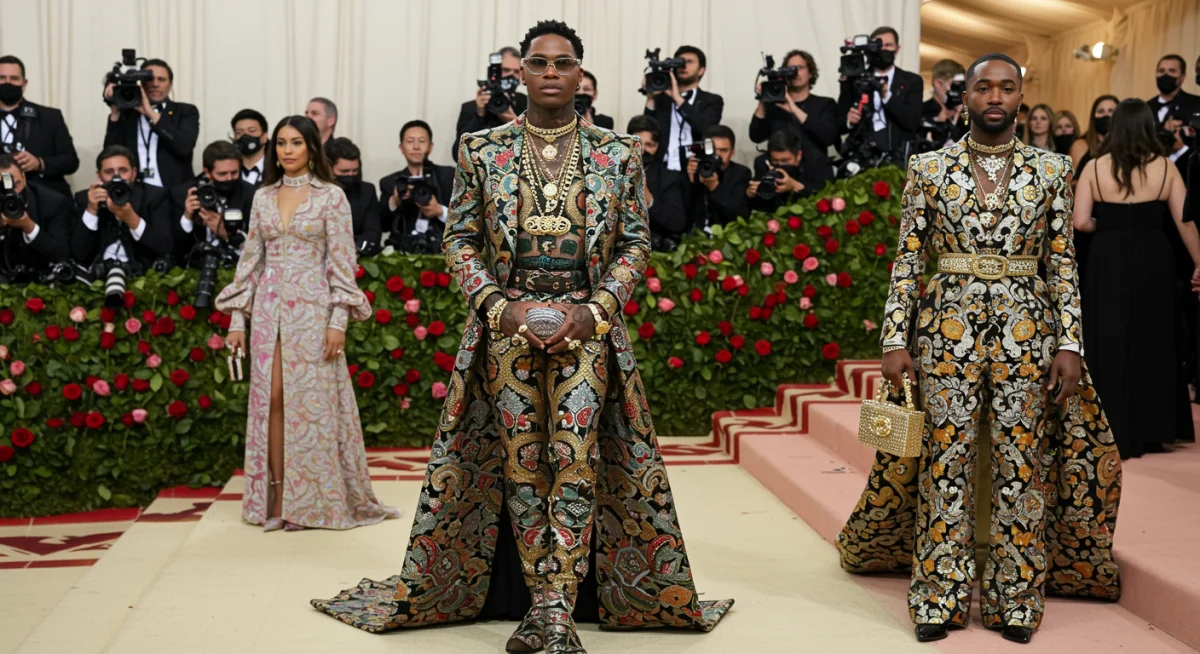 Celebrity in a personalized maximalist outfit at the 2025 Met Gala, showcasing bold accessories and patterns.