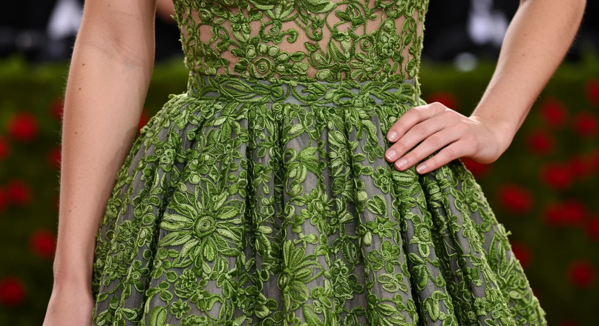 Intricate details of a sustainable luxury gown worn by a celebrity at the 2025 Met Gala.