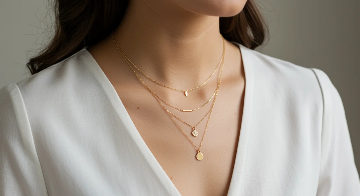 Model wearing delicate layered gold necklace and hoop earrings, showcasing minimalist spring jewelry.
