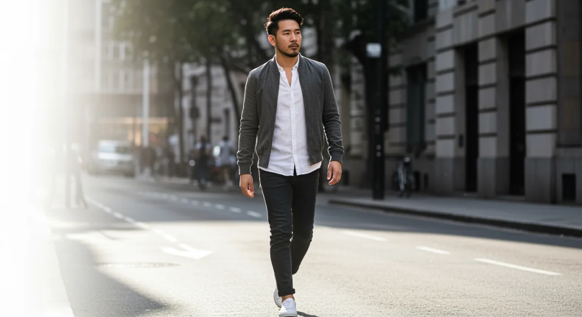Person wearing classic white minimalist sneakers on a city street, emphasizing casual comfort and versatility.