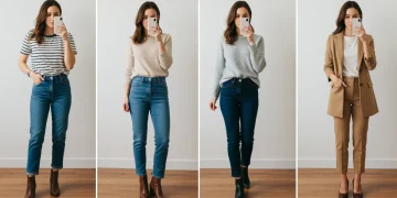 Woman demonstrating versatile mix and match outfits from a capsule wardrobe.