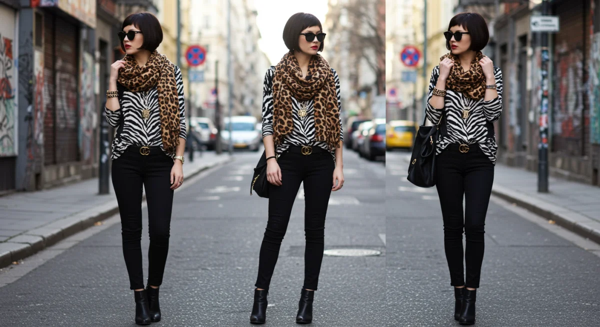 Person layering mixed animal prints, bold fashion statement