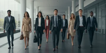 Modern professionals in power outfits entering a contemporary office building.