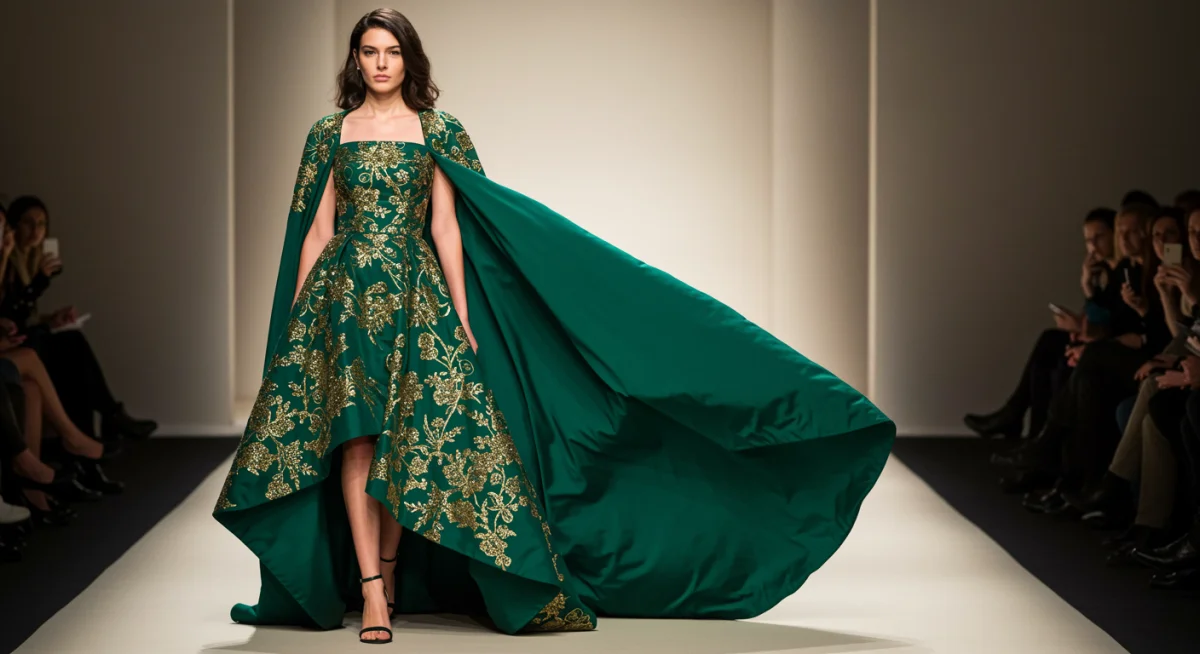 Asymmetrical gown with dramatic cape, modern regency style