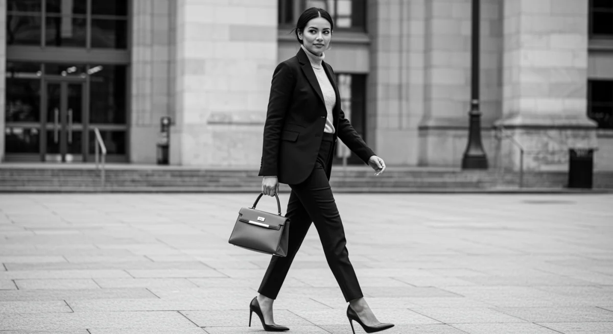 Woman in monochromatic power outfit walking confidently in city