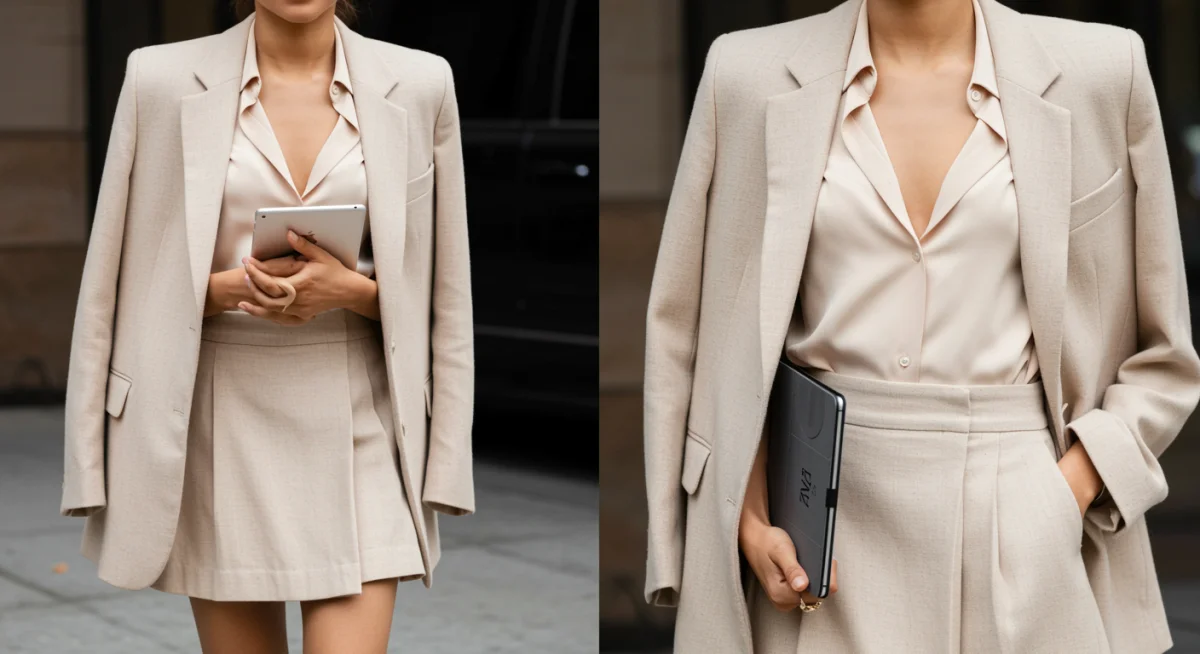 Monochrome office look, beige tailored blazer and skirt on celebrity
