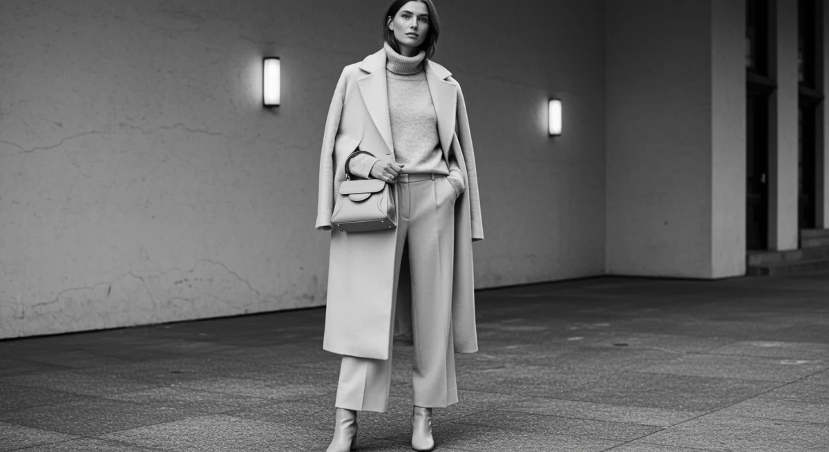 Monochrome cream winter outfit with oversized wool coat and wide-leg trousers.