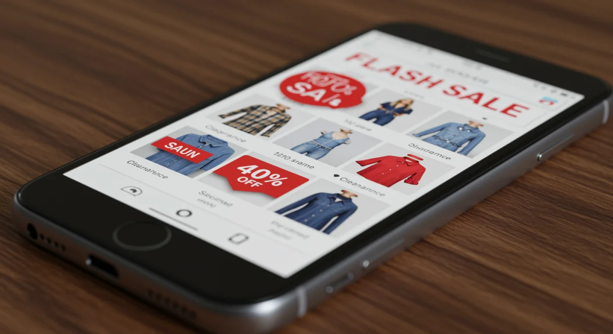 Smartphone showing online fashion clearance sale with 40% off
