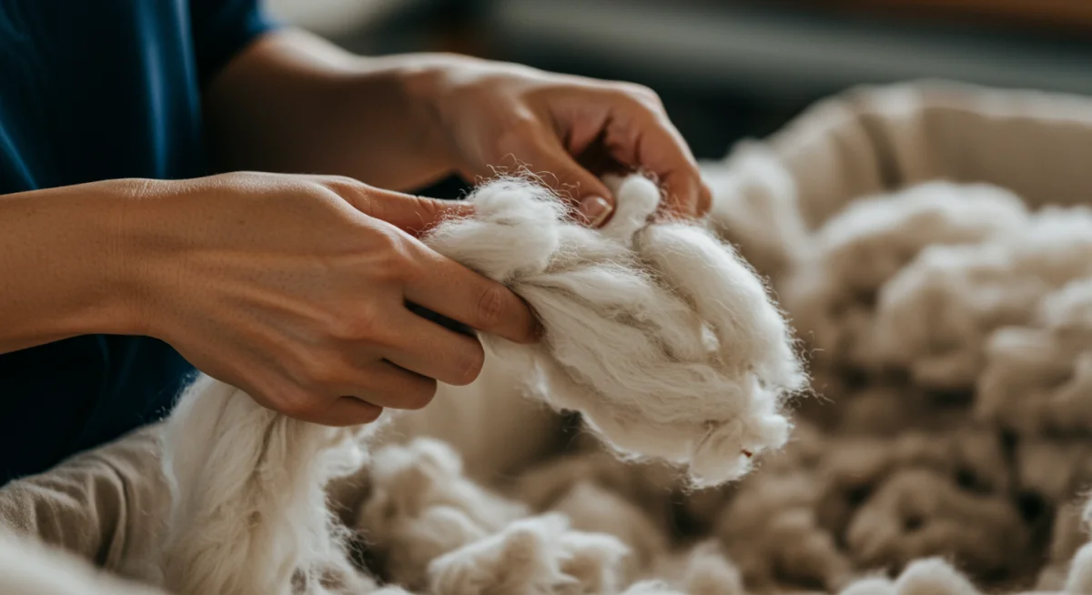 Hands meticulously sorting organic cotton fibers for sustainable fashion