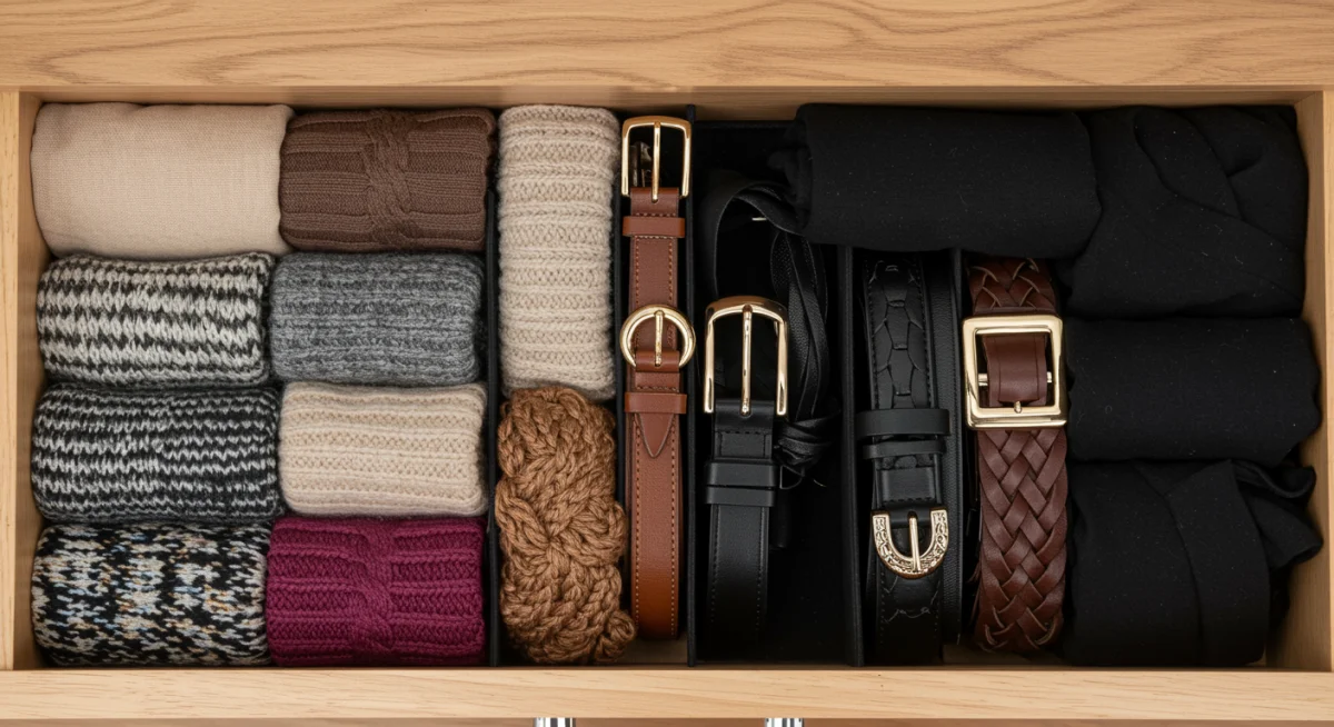 Organized drawer with diverse scarves and belts for versatile styling.