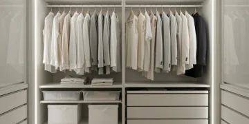 Organized wardrobe with classic clothing styles