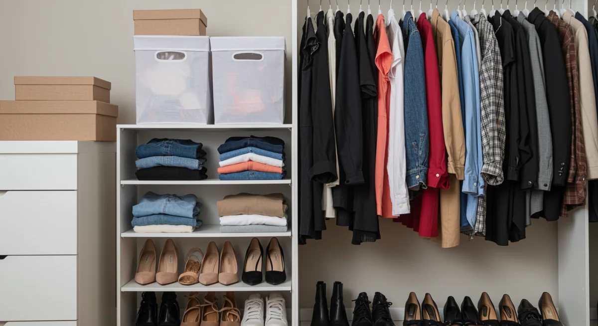 Organized wardrobe showing curated clothes and accessories for personal style.