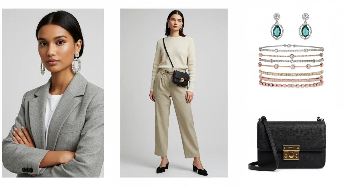 Fashion flat lay demonstrating outfits transformed by statement earrings, crossbody bag, and layered bracelets.