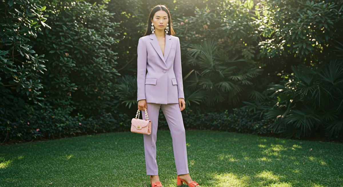 Pastel tailored pantsuit with statement earrings, ideal for modern wedding guest attire.