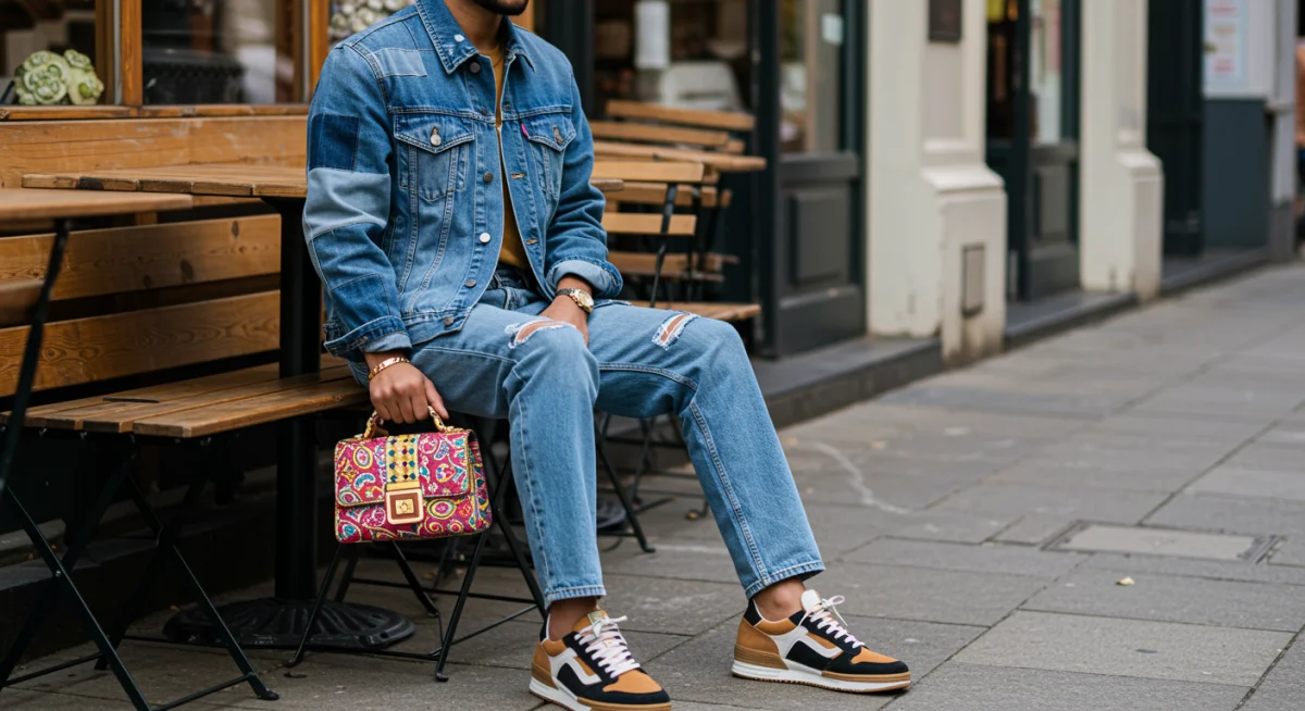 Person in patchwork denim jacket and distressed jeans, showcasing elevated street style.