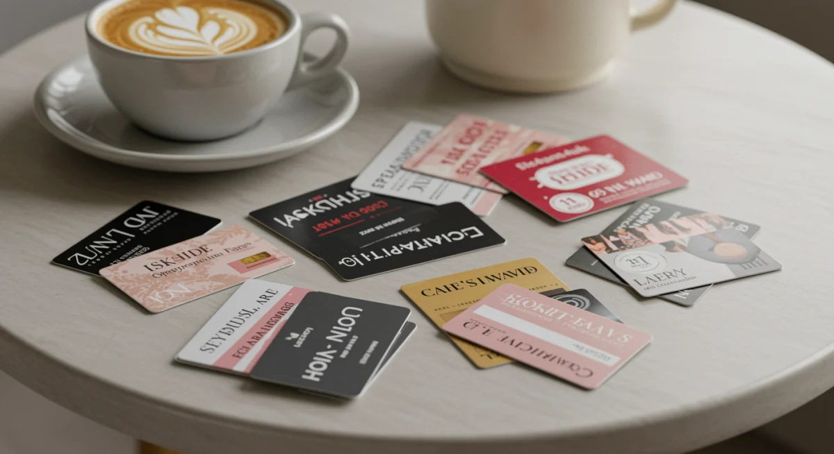 Assortment of physical fashion loyalty cards on a table