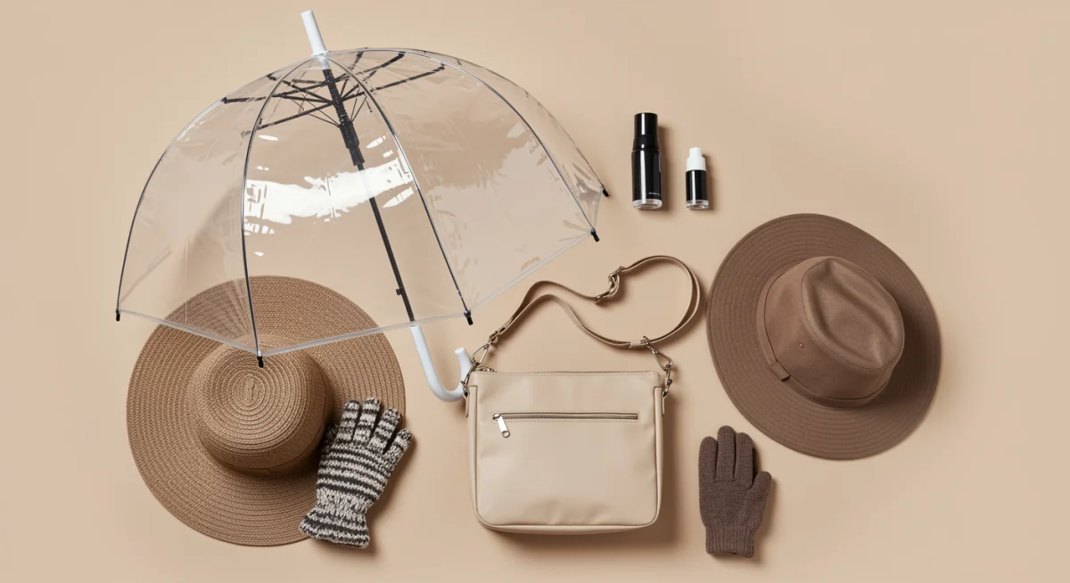 Flat lay of essential rainy day accessories: umbrella, bag, hat, gloves