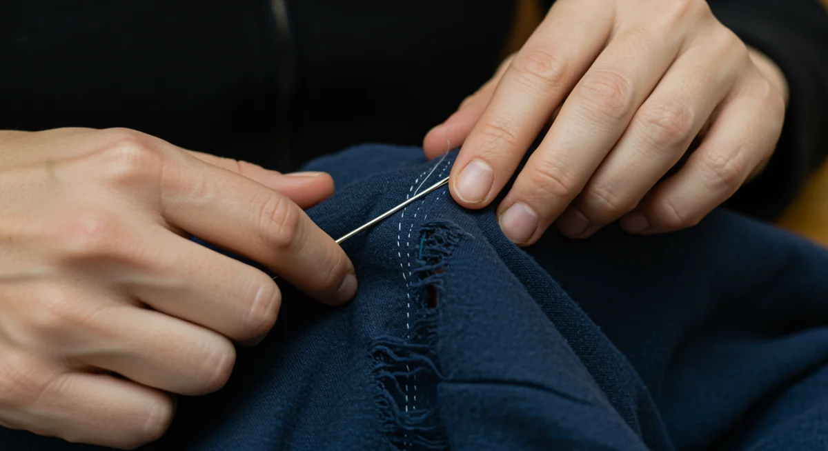Hands mending a torn garment with needle and thread
