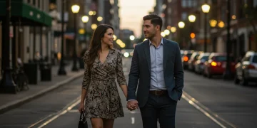 Couple on a romantic date night in 2025, dressed in stylish outfits.