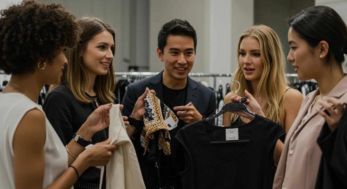 Shoppers discussing their finds at a bustling sample sale