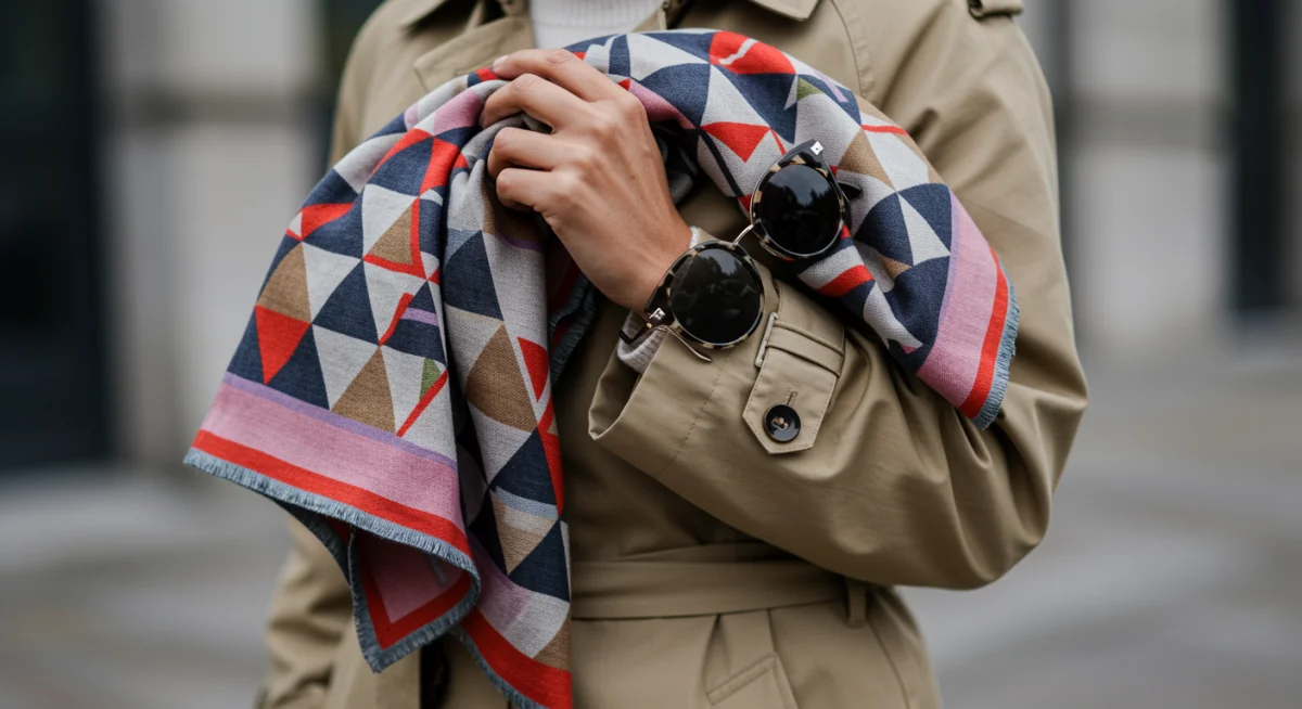 Vibrant patterned scarf and sculptural sunglasses elevating a trench coat