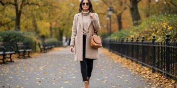 Woman in stylish layered outfit for transitional weather