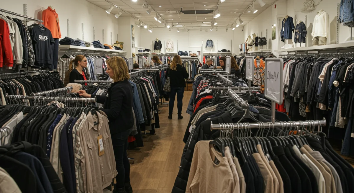 Shoppers browsing diverse second-hand clothing in a vibrant store