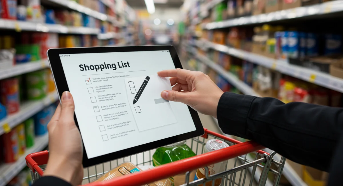 Person following a shopping list in a grocery store