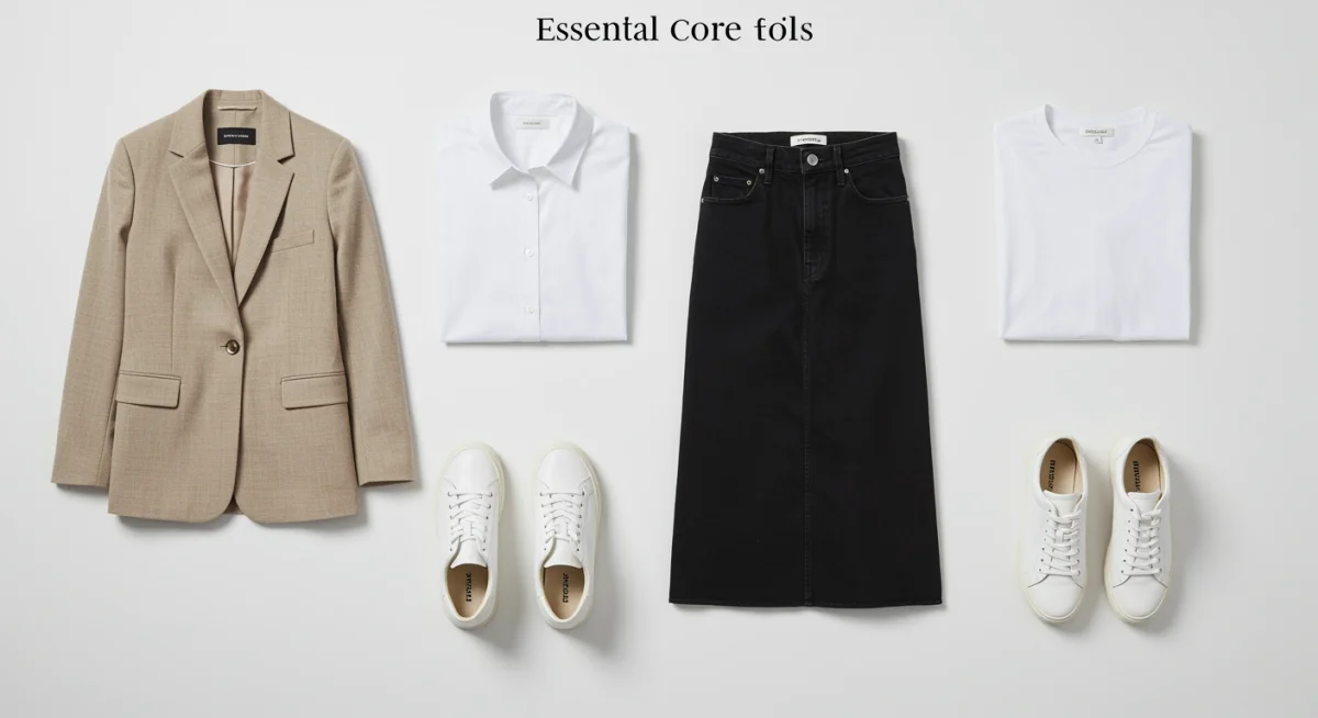Flat lay of six core wardrobe pieces: blazer, white shirt, midi skirt, jeans, sweater, and sneakers.