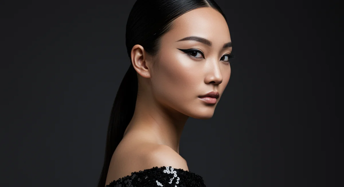 Model with sleek high ponytail and graphic eyeliner