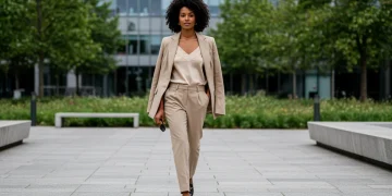 Woman in smart casual blazer and tailored pants in park
